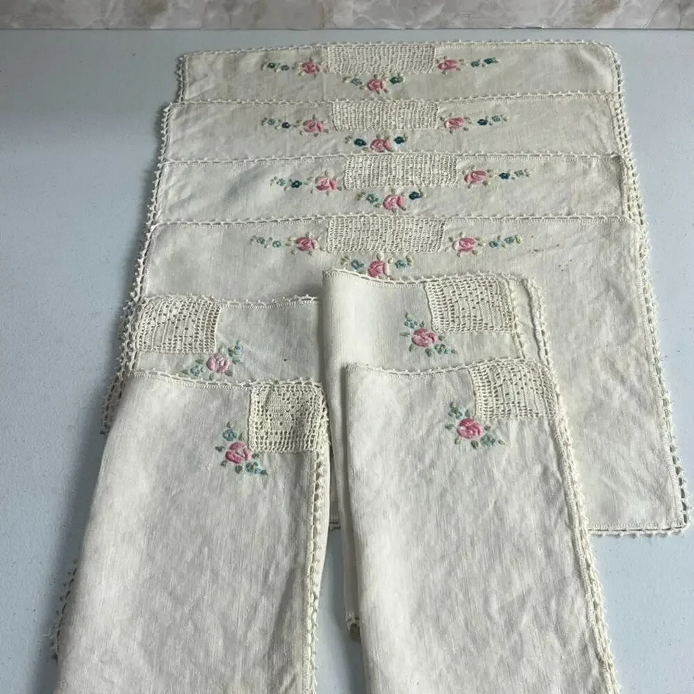 Vintage Ivory Napkins Set of 8 Embroidered Flowers Crochet Two sizes